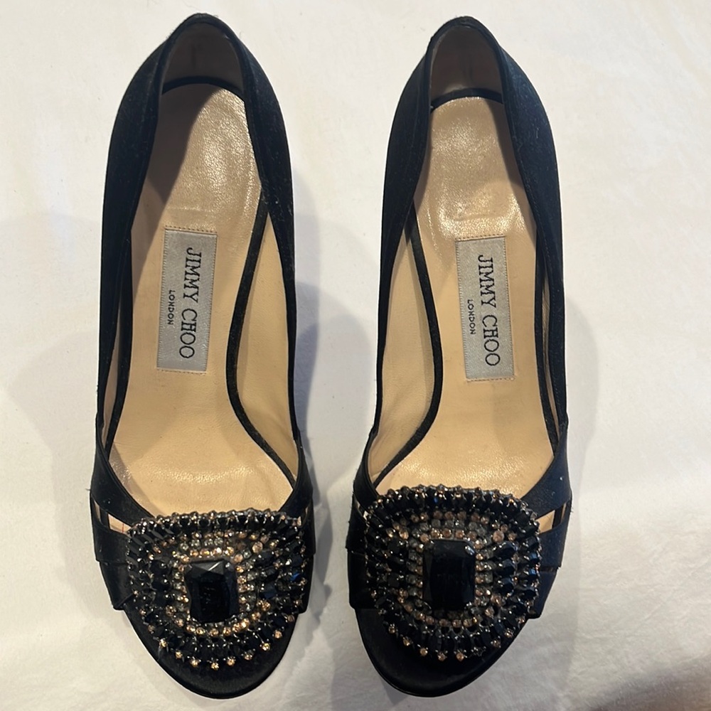 Jimmy Choo embellished black satin open toe pumps